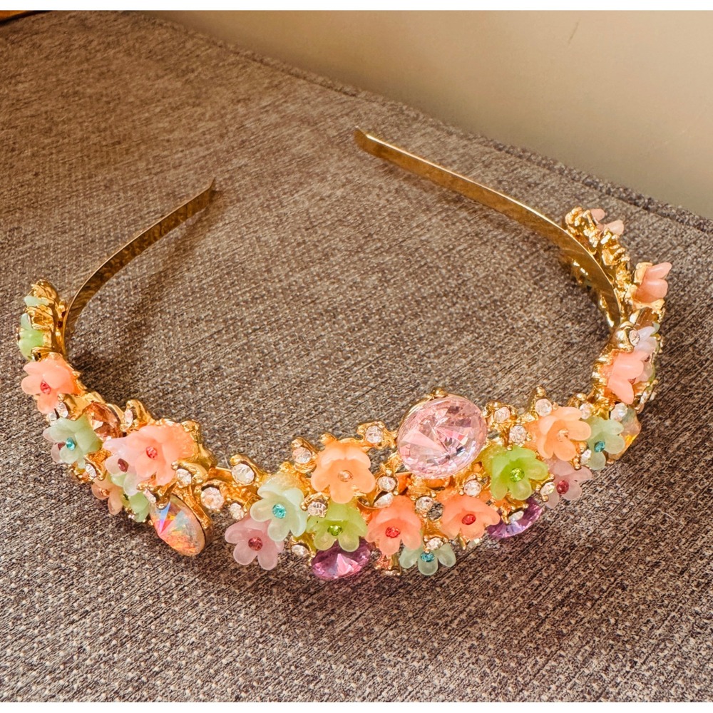 Gold Floral Crystal Crown Headband Pastel Resin Flower Tiara Fairycore Accessory